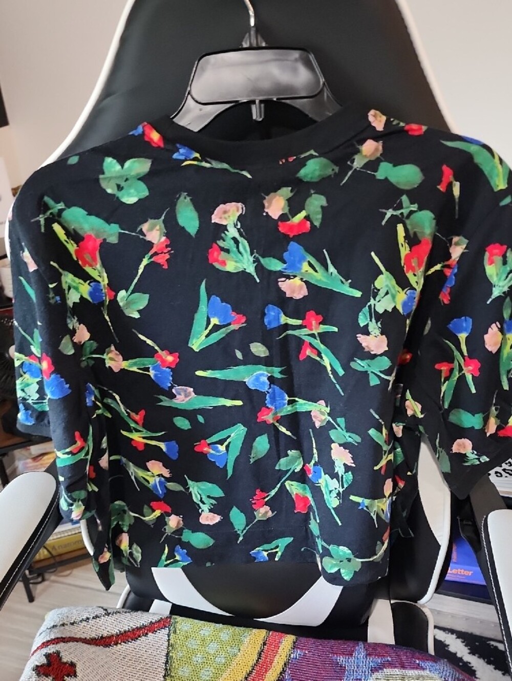 adidas Black Crop Tee with Multicolor Floral Print and White Trefoil - Picture 2 of 2